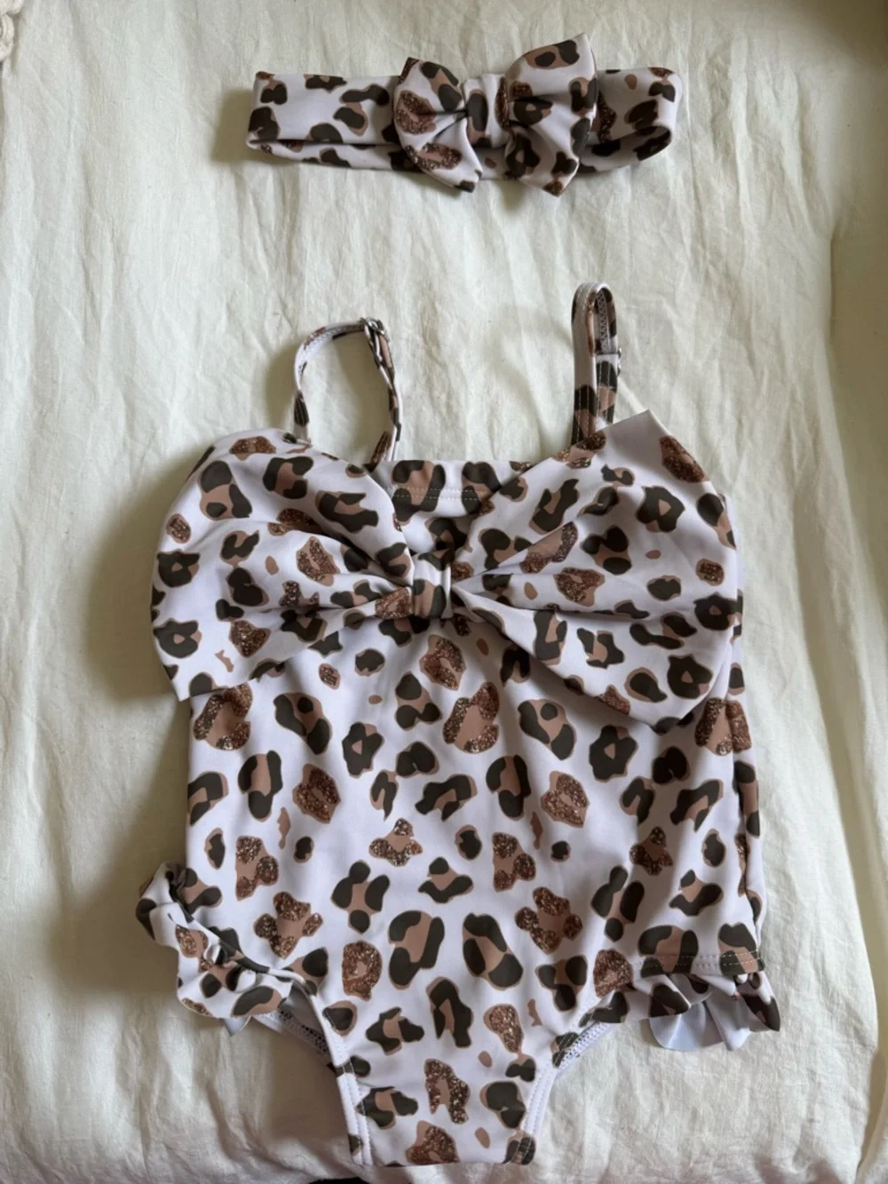 Girls Leopard Print Bow One-Piece Swimsuit with Headband 12-18m